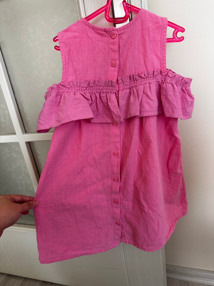 Kız Çocuk Pembe Keten Fırfırlı Elbise - Görsel 2