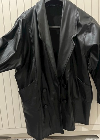 Düğmeli Siyah Deri Kadın Ceket - Görsel 2
