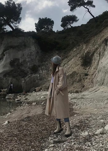 Bej Uzun Keten Kadın Trençkot - Görsel 2