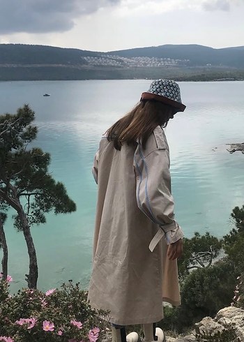 Bej Uzun Keten Kadın Trençkot - Görsel 6