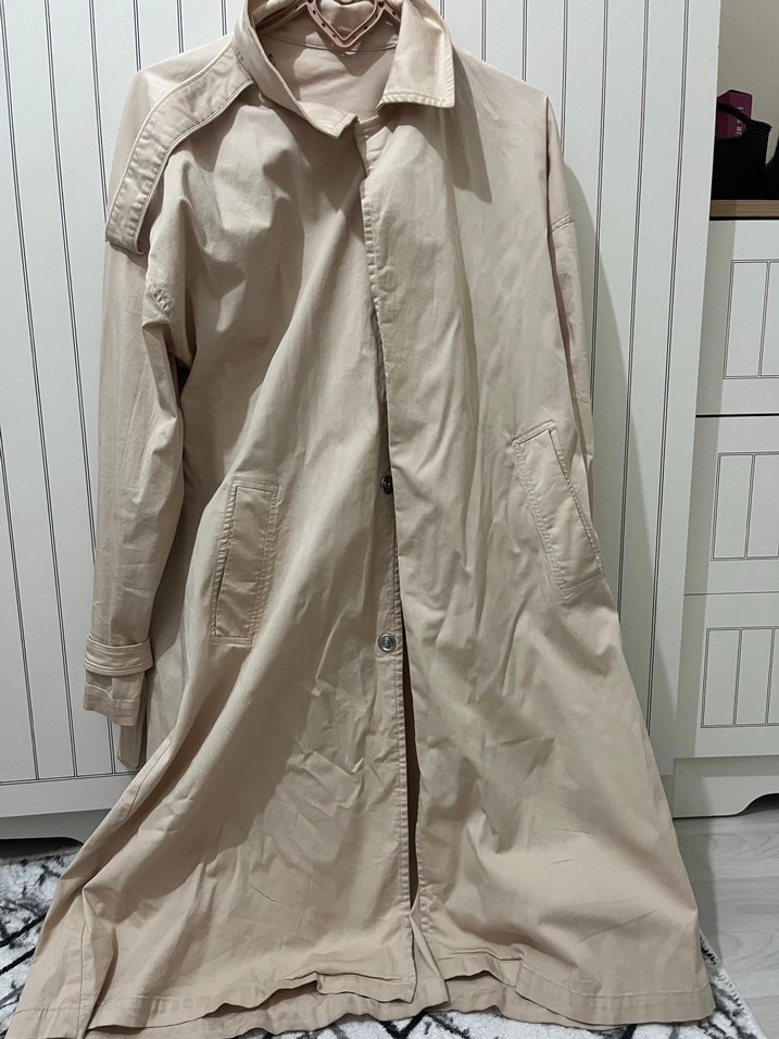 Bej Uzun Keten Kadın Trençkot - Görsel 5