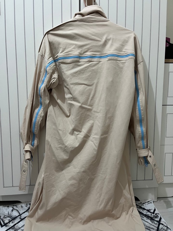 Bej Uzun Keten Kadın Trençkot - Görsel 4