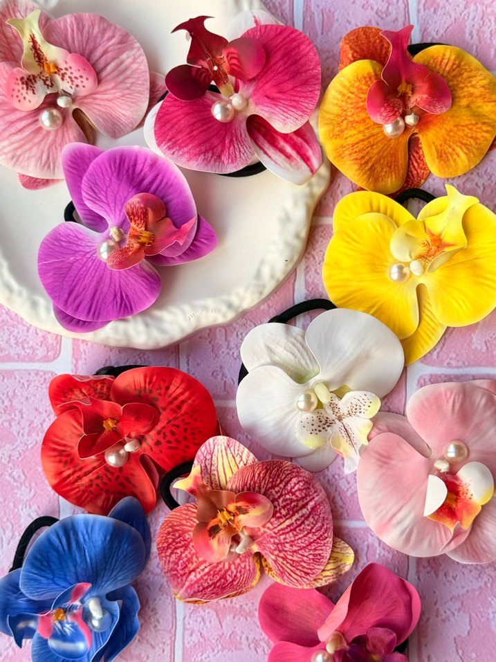 Renkli İpek Çiçekli Elastik Saç Tokası - Görsel 5