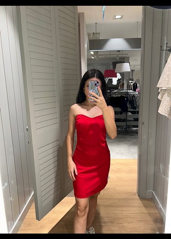 Parlak Kırmızı Straplez Mini Elbise - Görsel 2