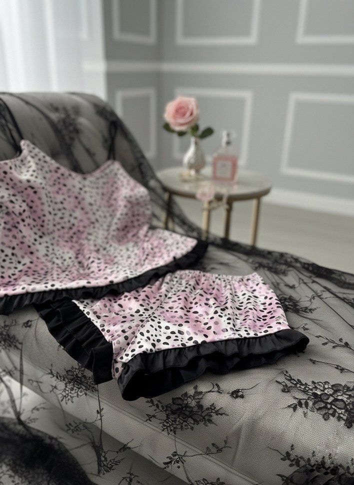 Desenli Kısa Pembe Kadın Pijama Takımı - Görsel 2