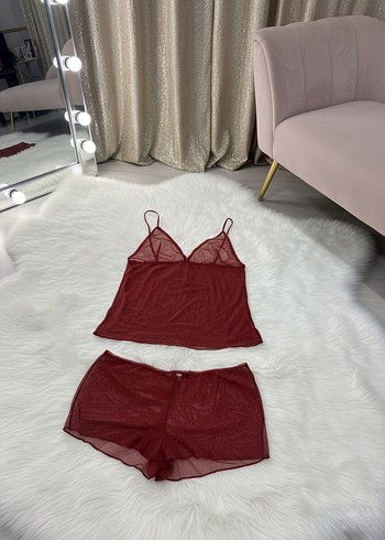 Bordo Parlak Mini İp Askılı Kadın Pijama Takımı - Görsel 4