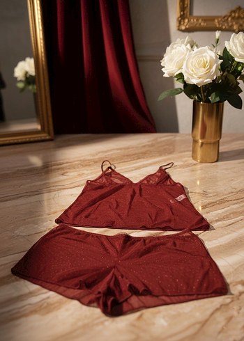 Bordo Parlak Mini İp Askılı Kadın Pijama Takımı - Görsel 2