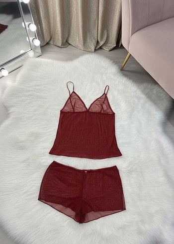 Bordo Parlak Mini İp Askılı Kadın Pijama Takımı - Görsel 3
