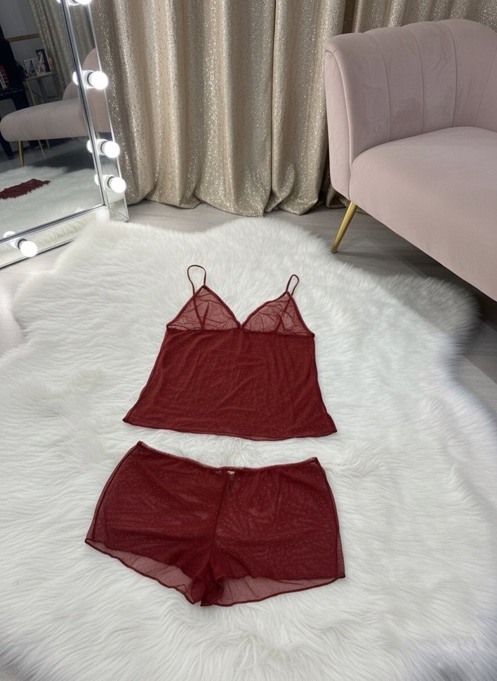 Bordo Parlak Mini İp Askılı Kadın Pijama Takımı - Görsel 4