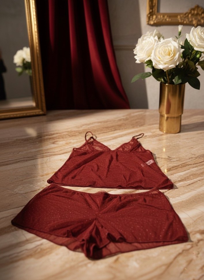 Bordo Parlak Mini İp Askılı Kadın Pijama Takımı - Görsel 2