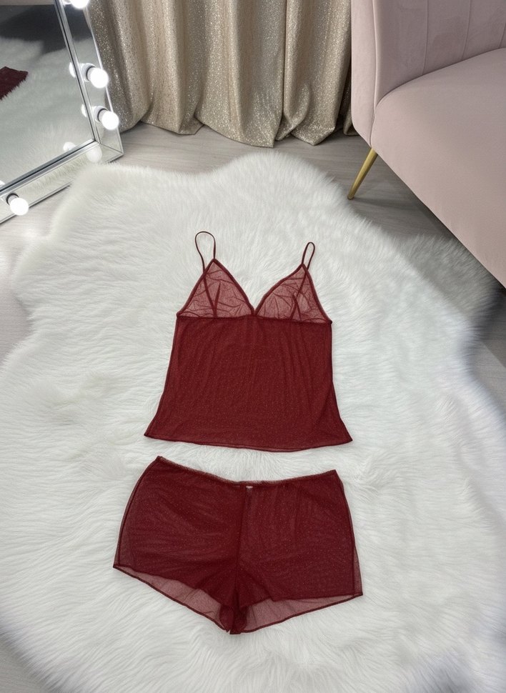 Bordo Parlak Mini İp Askılı Kadın Pijama Takımı - Görsel 3