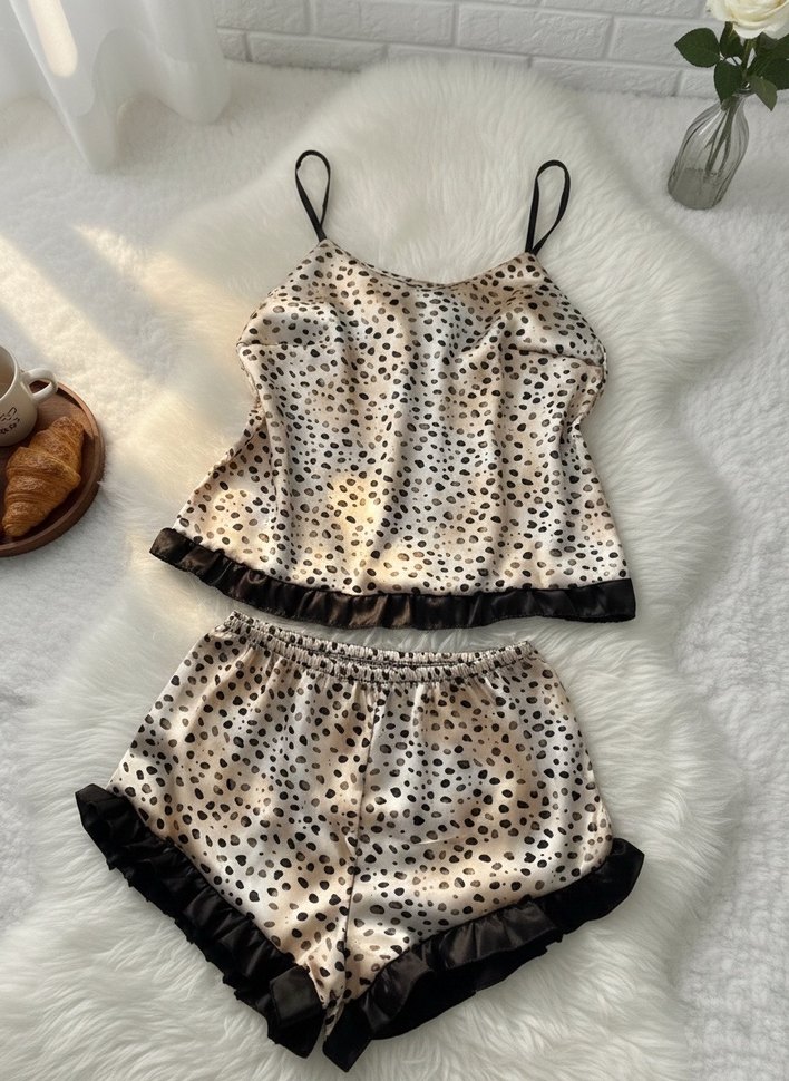Leopar Desenli Beyaz Mini İp Askılı Kadın Pijama Takımı - Görsel 2