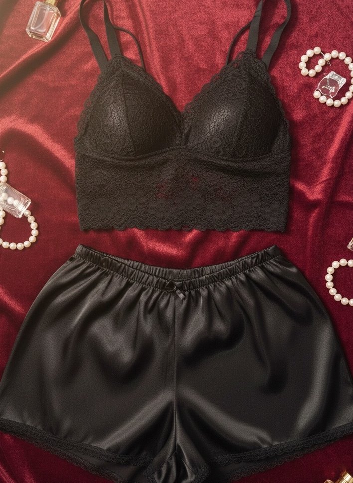 Siyah Dantelli Gotik Mini Kadın Pijama Takımı - Görsel 3