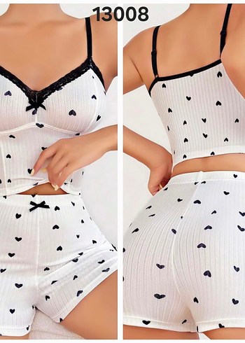 Kalp Desenli Beyaz Mini Pijama Takımı