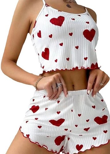 diğer Beden beyaz Renk Nakışlı Kalpli Beyaz Mini Pijama Takımı