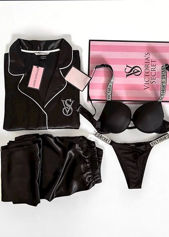 Victoria s Secret VS Siyah Saten Pijama ve sütyen Takımı
