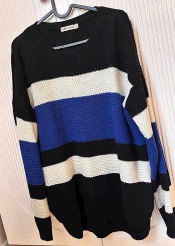 Kadın Mavi Çizgili Örgü Uzun Kollu Kazak - Görsel 5