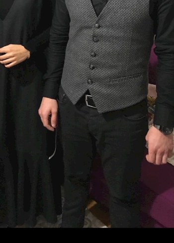 Düğmeli Klasik Gri Erkek Yelek ds damat - Görsel 5