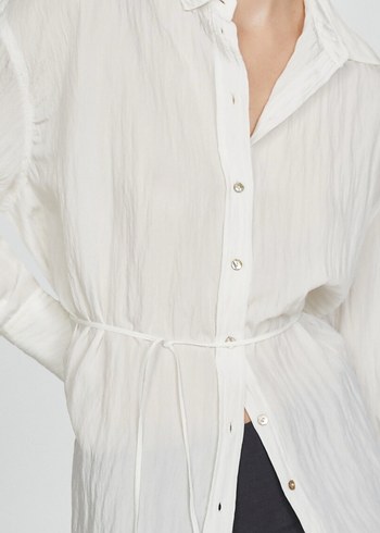 Kadın Beyaz Keten Düğmeli Gömlek - Görsel 5