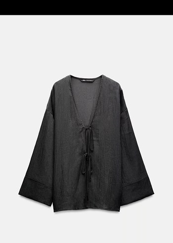 Gri Kadın Keten Piliseli Geniş Paça Pantolon kimono zara - Görsel 2