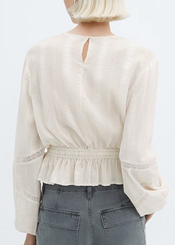 Nakışlı Kemerli Bej Keten Bluz - Görsel 3