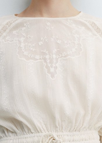 Nakışlı Kemerli Bej Keten Bluz - Görsel 4