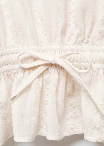 Nakışlı Kemerli Bej Keten Bluz - Görsel 5