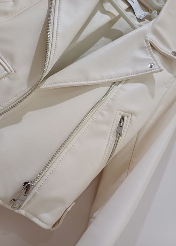 Krem Kemerli Mini Deri Biker Ceket - Görsel 5