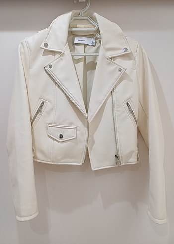 Krem Kemerli Mini Deri Biker Ceket - Görsel 2