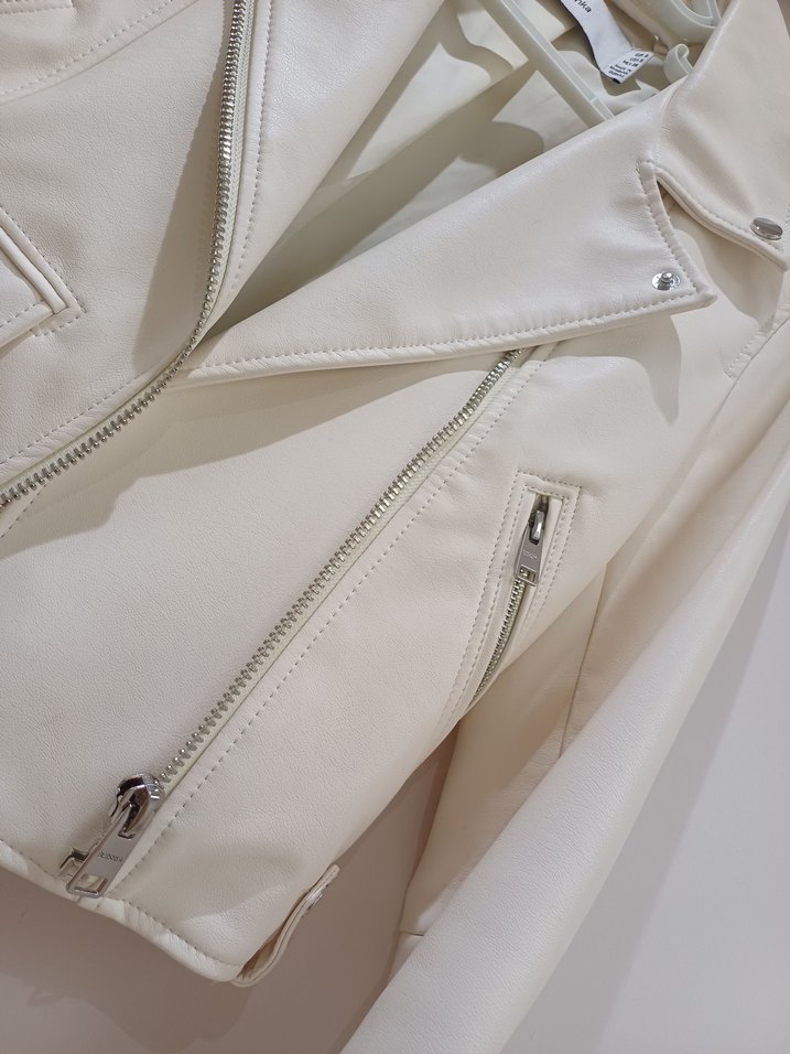 Krem Kemerli Mini Deri Biker Ceket - Görsel 5