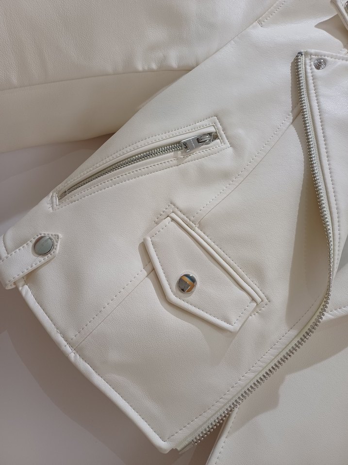 Krem Kemerli Mini Deri Biker Ceket - Görsel 4