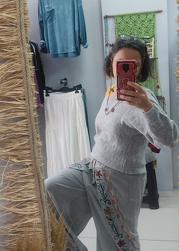 Nakışlı Gri Bohem Kadın Pantolon - Görsel 4