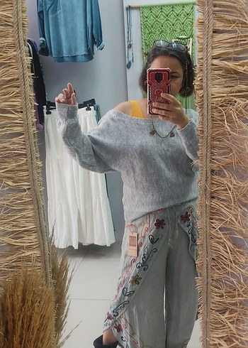 Nakışlı Gri Bohem Kadın Pantolon - Görsel 6