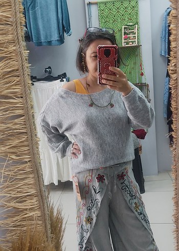 Nakışlı Gri Bohem Kadın Pantolon - Görsel 3