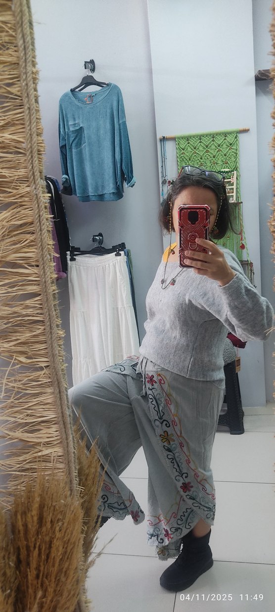 Nakışlı Gri Bohem Kadın Pantolon - Görsel 4