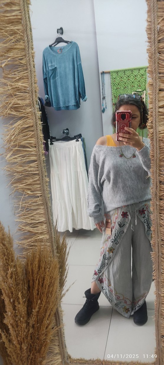 Nakışlı Gri Bohem Kadın Pantolon - Görsel 5