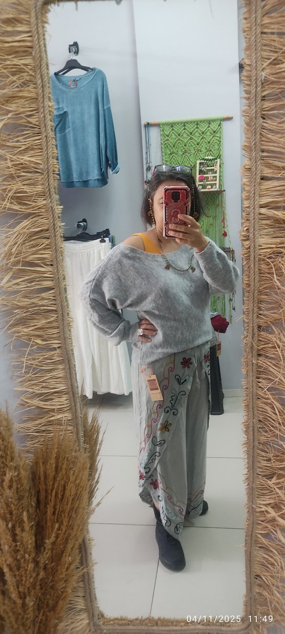 Nakışlı Gri Bohem Kadın Pantolon - Görsel 2