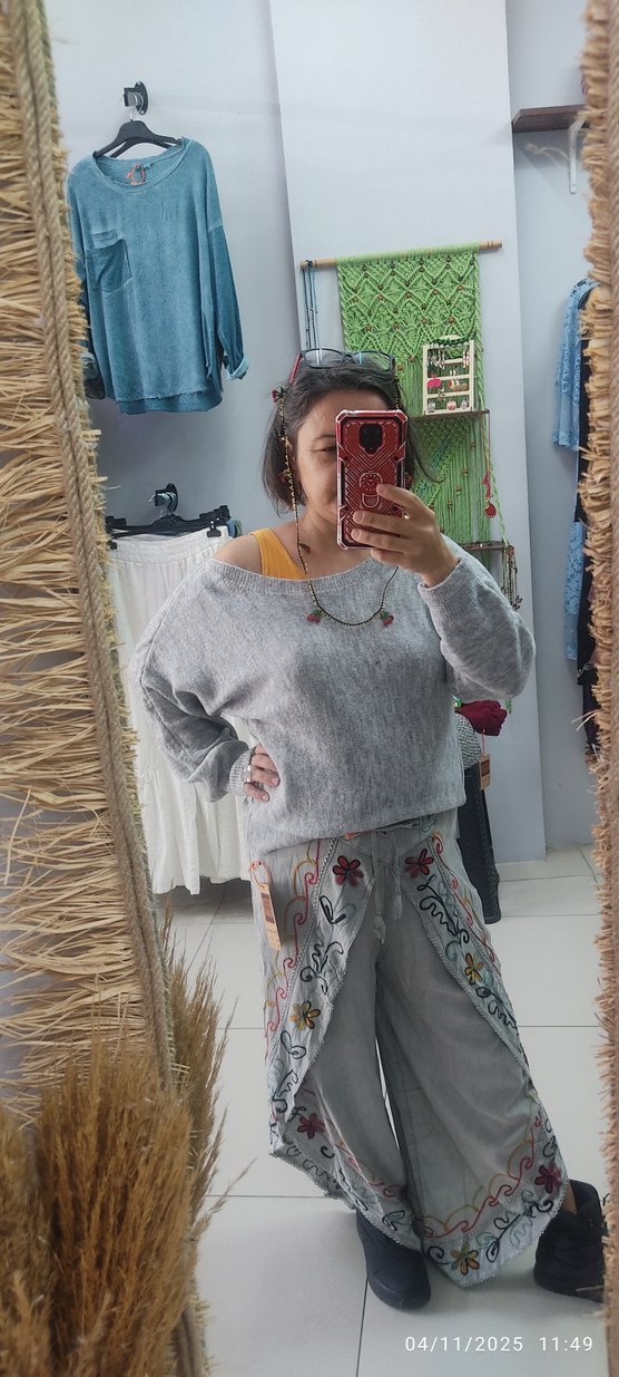 Nakışlı Gri Bohem Kadın Pantolon - Görsel 3