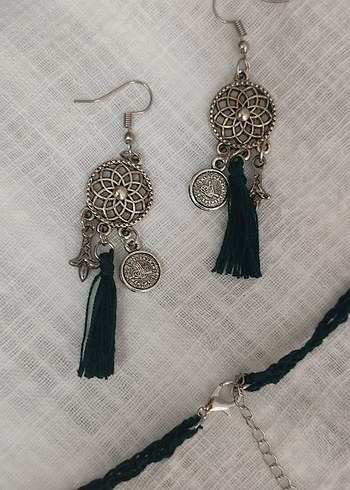 Diğer Yeşil Nakışlı Bohem Püsküllü Kolye ve küpe seti