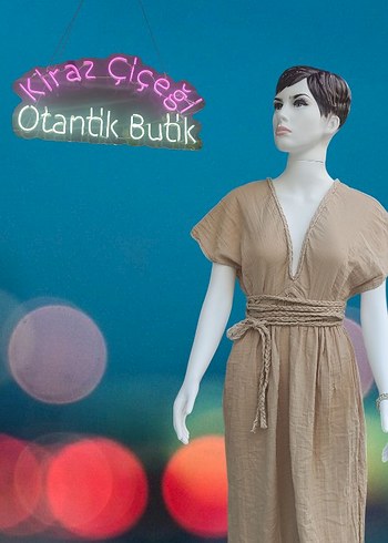 Bej V Yaka Salaş müslin Bohem Elbise