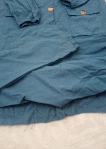 Düğmeli Uzun Mavi Keten Kadın takım - Görsel 2