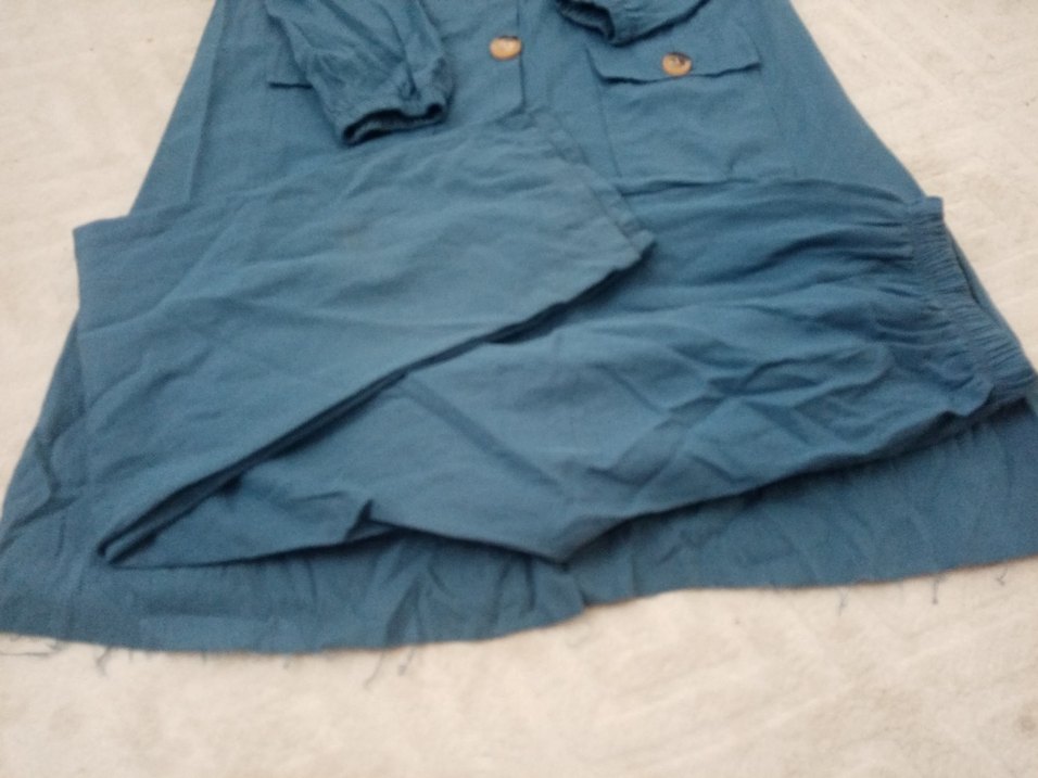 Düğmeli Uzun Mavi Keten Kadın takım - Görsel 2