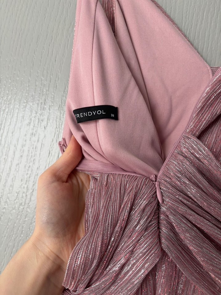 Pembe Pilili Uzun Askılı Abiye Elbise - Görsel 5