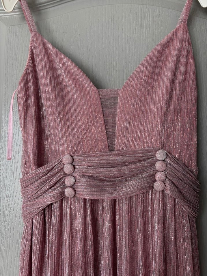 Pembe Pilili Uzun Askılı Abiye Elbise - Görsel 3