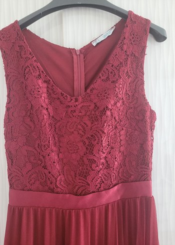 s Beden Bordo Dantel Detaylı Uzun Abiye Elbise