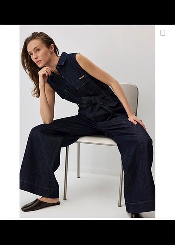 Kadın Lacivert Kemerli Denim Tulum