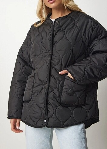 s Beden siyah Renk Oversize kapitone mont