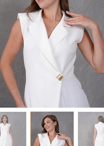 V Yaka Piliseli kırık siyah Beyaz Elbise - Görsel 4