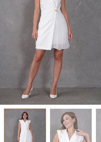 V Yaka Piliseli kırık siyah Beyaz Elbise - Görsel 5