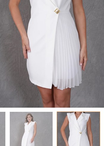 V Yaka Piliseli kırık siyah Beyaz Elbise - Görsel 3